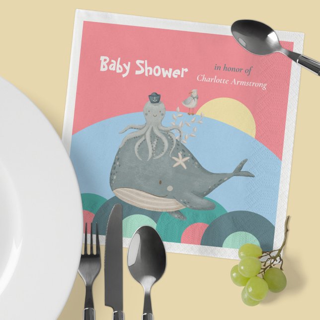 Cute Nautical Whale Squid Pink Baby Shower Napkin (Cute Pink Nautical Whale Squid Baby Shower Napkins ©Susanne Sachers - Sunny Mind Design 🌞)