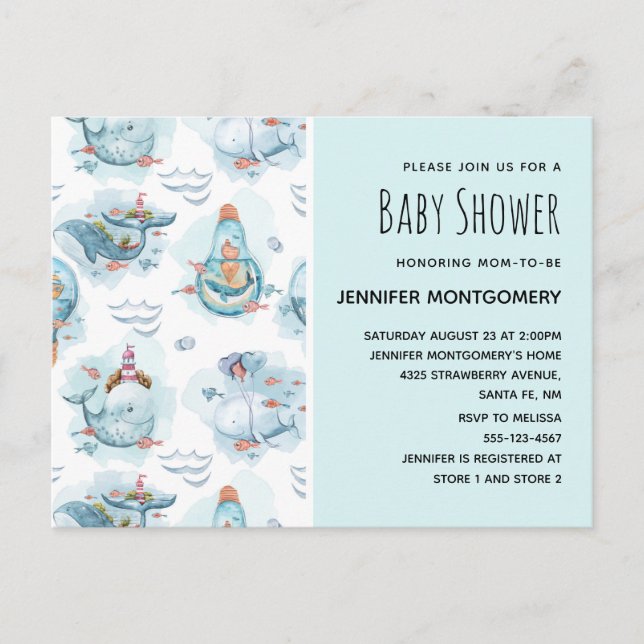 Cute Nautical Whales Watercolor Baby Shower Invitation Postcard (Front)