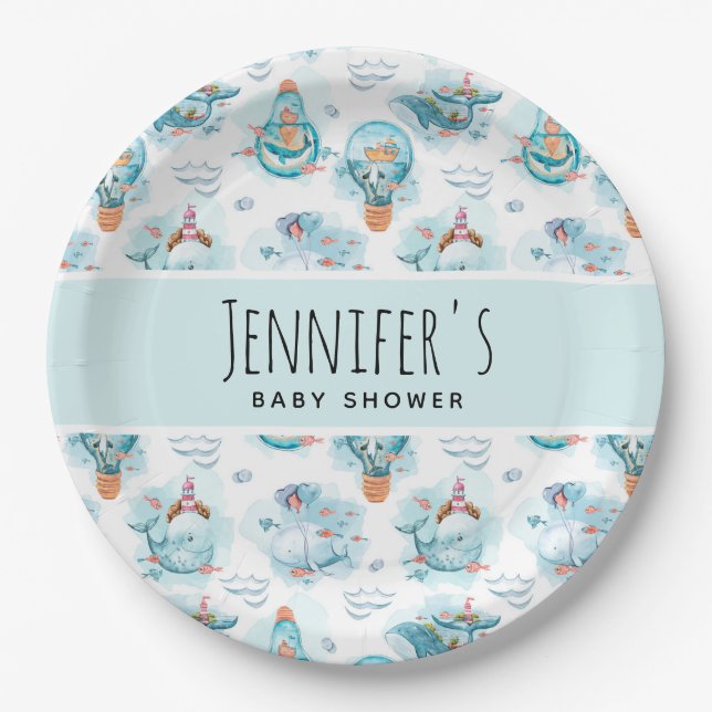 Cute Nautical Whales Watercolor Baby Shower Paper Plate (Front)