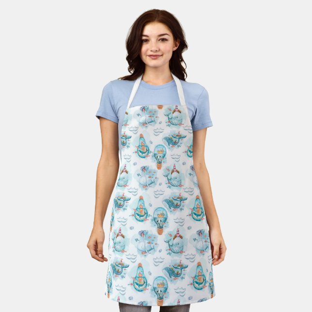 Cute Nautical Whales Watercolor Pattern Apron (Worn)