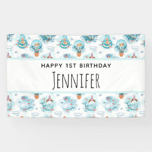 Cute Nautical Whales Watercolor Pattern Birthday Banner