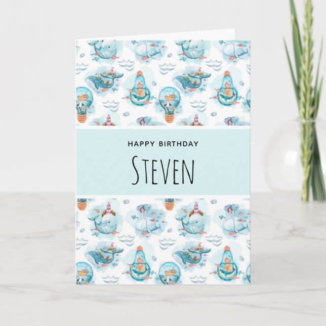Cute Nautical Whales Watercolor Pattern Birthday Card (Front)