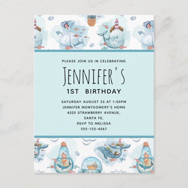 Cute Nautical Whales Watercolor Pattern Birthday Invitation Postcard (Front)