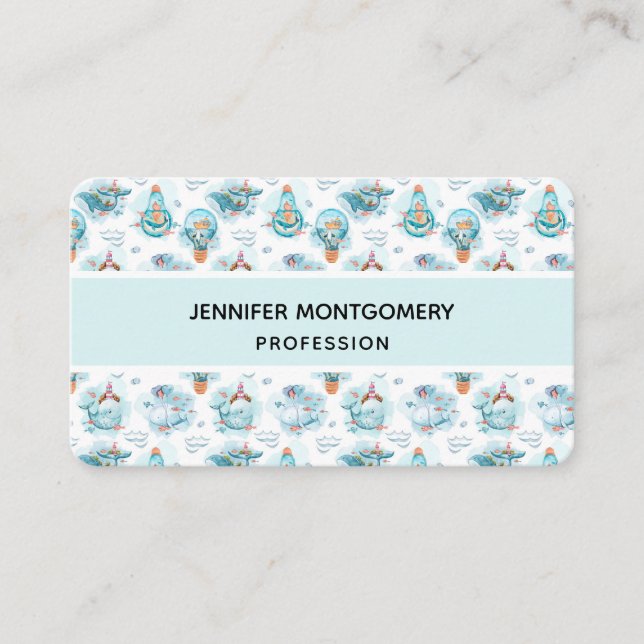 Cute Nautical Whales Watercolor Pattern Business Card (Front)