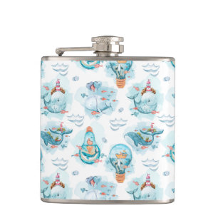 Cute Nautical Whales Watercolor Pattern Hip Flask
