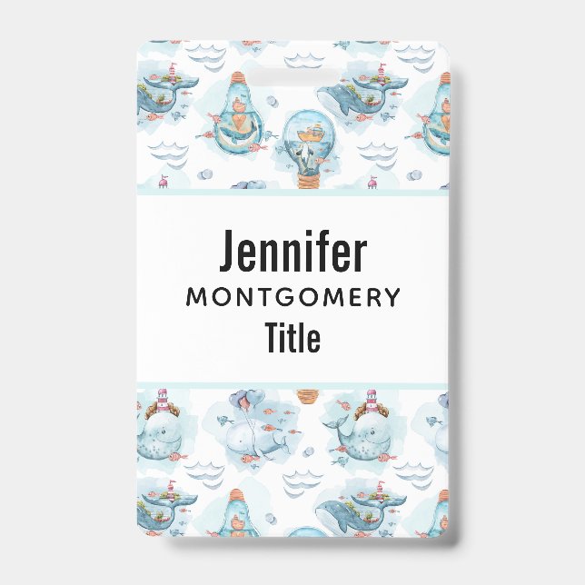 Cute Nautical Whales Watercolor Pattern ID Badge (Front)