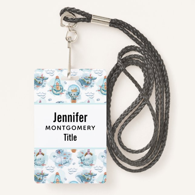 Cute Nautical Whales Watercolor Pattern ID Badge (Front with Lanyard)