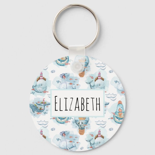 Cute Nautical Whales Watercolor Pattern Key Ring (Front)