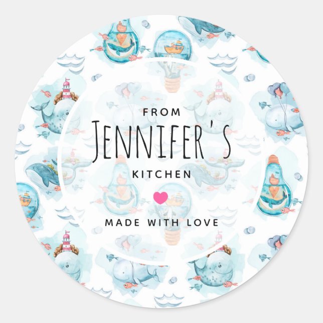 Cute Nautical Whales Watercolor Pattern Kitchen Classic Round Sticker (Front)