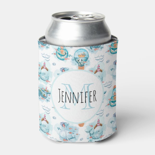 Cute Nautical Whales Watercolor Pattern Monogram Can Cooler (Can Front)