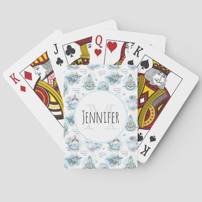 Cute Nautical Whales Watercolor Pattern Monogram Playing Cards (Back)