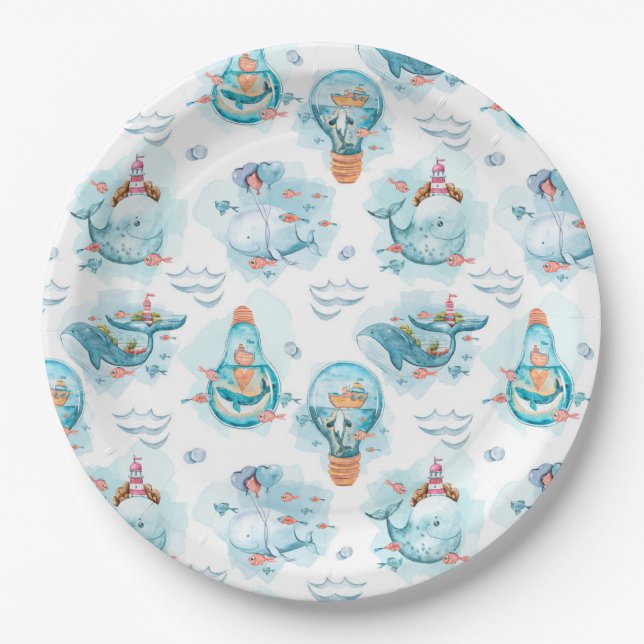 Cute Nautical Whales Watercolor Pattern Paper Plate (Front)