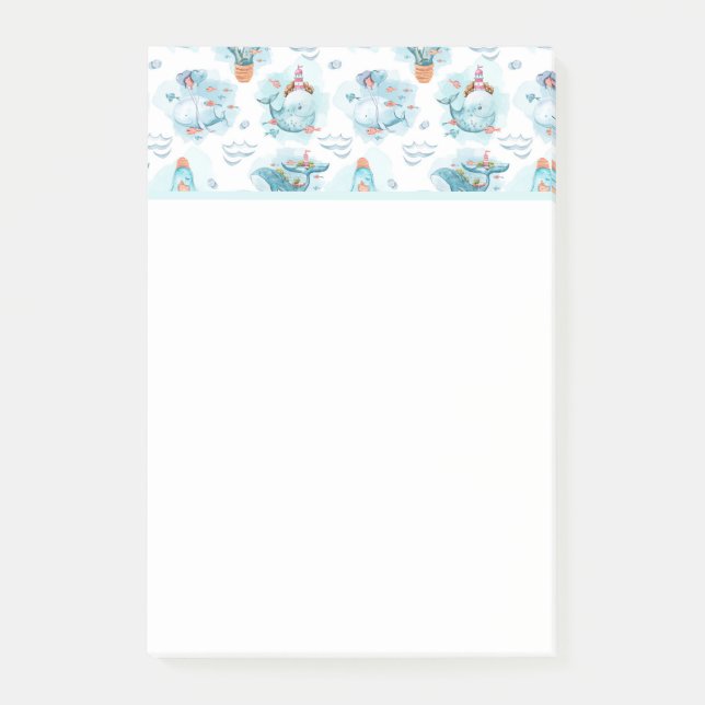 Cute Nautical Whales Watercolor Pattern Post-it Notes (Front)