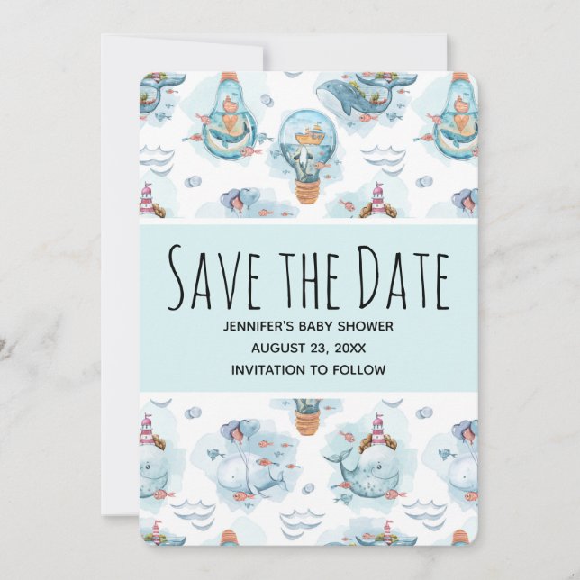 Cute Nautical Whales Watercolor Pattern Save The D Date (Front)