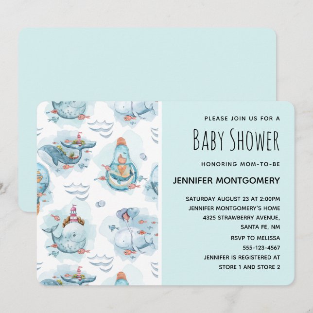 Cute Nautical Whales Watercolor Pattern Shower Invitation (Front/Back)