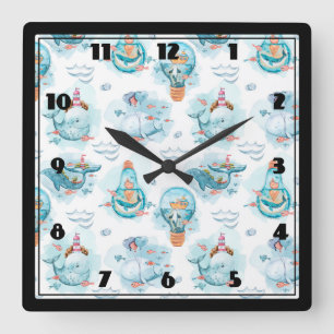 Cute Nautical Whales Watercolor Pattern Square Wall Clock