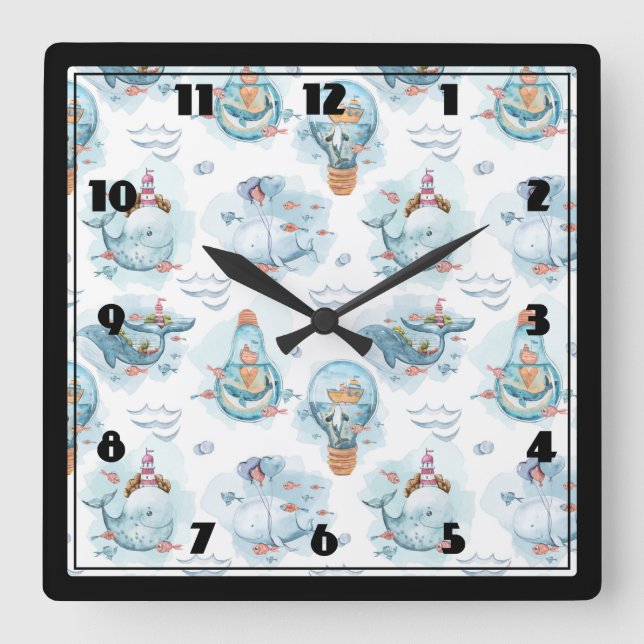  Cute Nautical Whales Watercolor Pattern Square Wall Clock (Front)