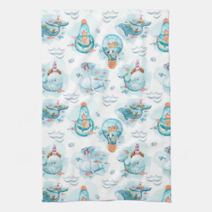 Cute Nautical Whales Watercolor Pattern Tea Towel
