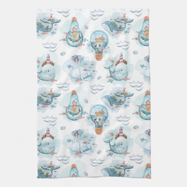 Cute Nautical Whales Watercolor Pattern Tea Towel (Vertical)