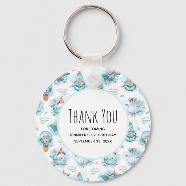 Cute Nautical Whales Watercolor Pattern Thank You Key Ring (Front)