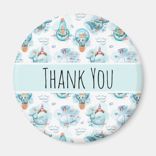 Cute Nautical Whales Watercolor Pattern Thank You Magnet (Front)