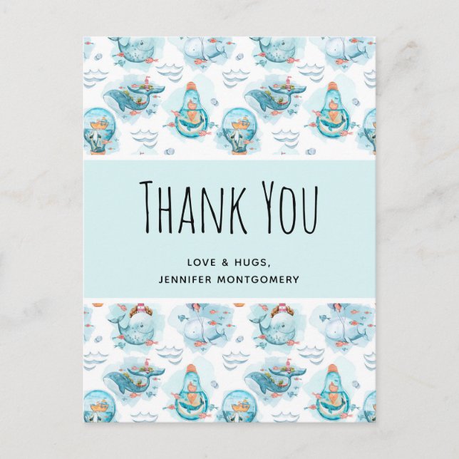 Cute Nautical Whales Watercolor Pattern Thank You Postcard (Front)