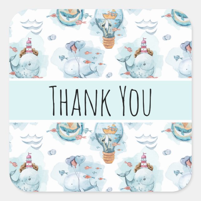 Cute Nautical Whales Watercolor Pattern Thank You Square Sticker (Front)