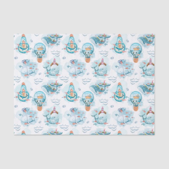 Cute Nautical Whales Watercolor Pattern Tissue Paper (Front)