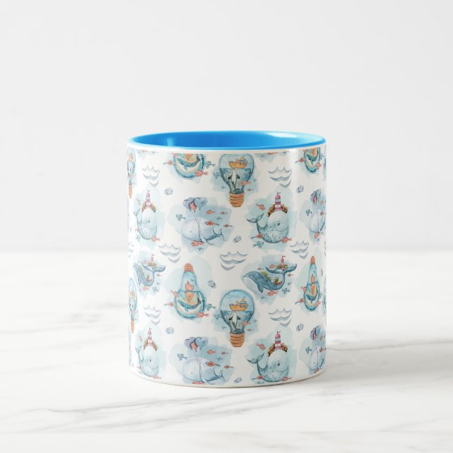 Cute Nautical Whales Watercolor Pattern Two-Tone Coffee Mug (Center)