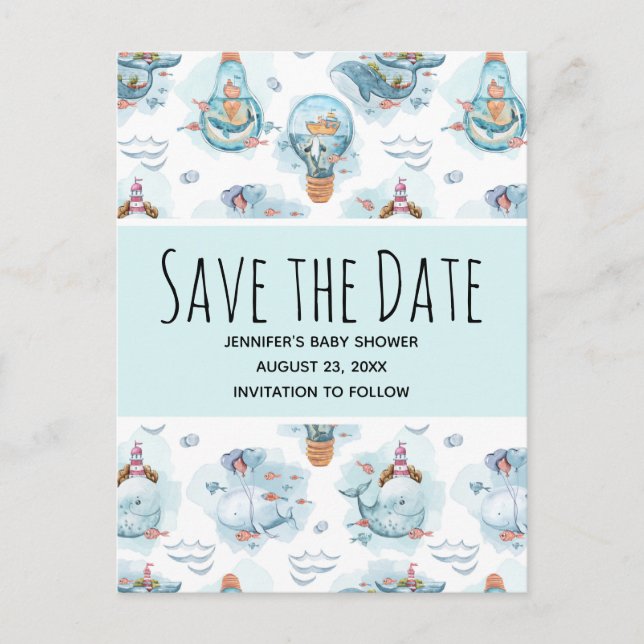Cute Nautical Whales Watercolor Save the Date Invitation Postcard (Front)