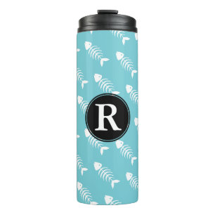 Cute Nautical White Fish Bones Monogram Thermal Tumbler