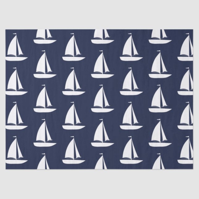 Cute Nautical White Sailboats Navy Blue Tissue Paper (Front)