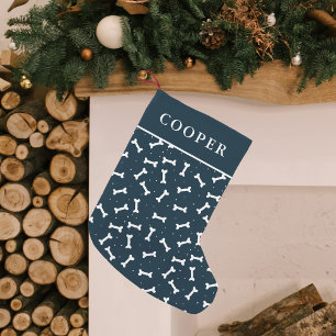 Cute Navy and White Dog Bone Pattern Personalised Small Christmas Stocking