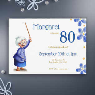 Cute Navy and White Old woman with cane floral Invitation