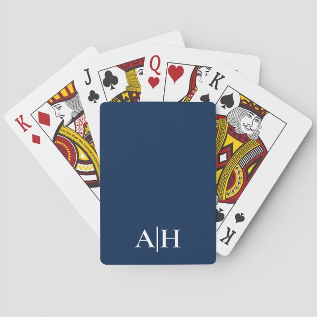 Cute Navy Blue and White , Modern Monogram Playing Cards (Back)