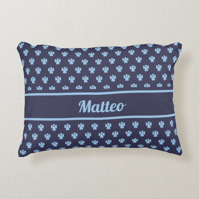 Cute navy blue angel pattern personalised name decorative cushion (Front)