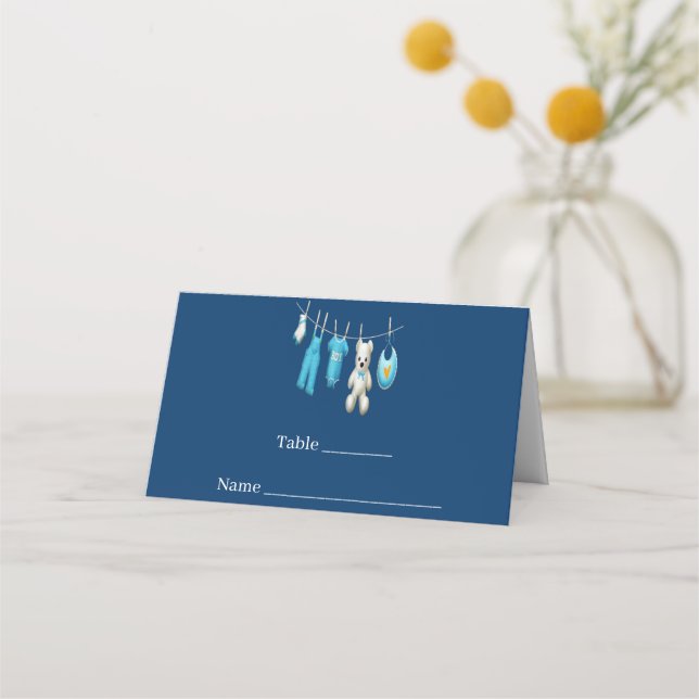 Cute Navy Blue Baby Boy illustration Baby Shower Place Card (Front)
