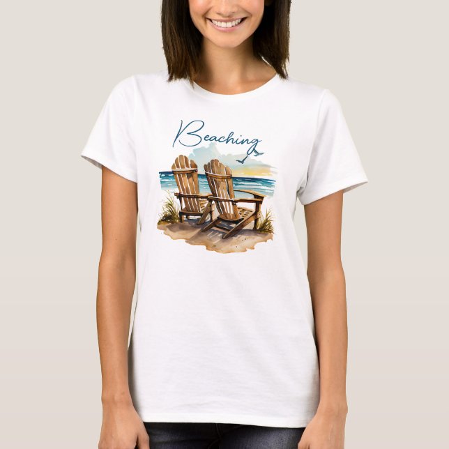 Cute Navy Blue Beach Chair Beaching Seagulls Ocean T-Shirt (Front)