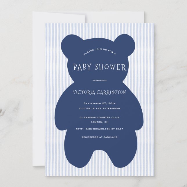 Cute Navy Blue Bear Stripe Baby Shower  Invitation (Front)