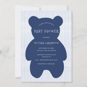 Cute Navy Blue Bear Stripe Baby Shower  Invitation