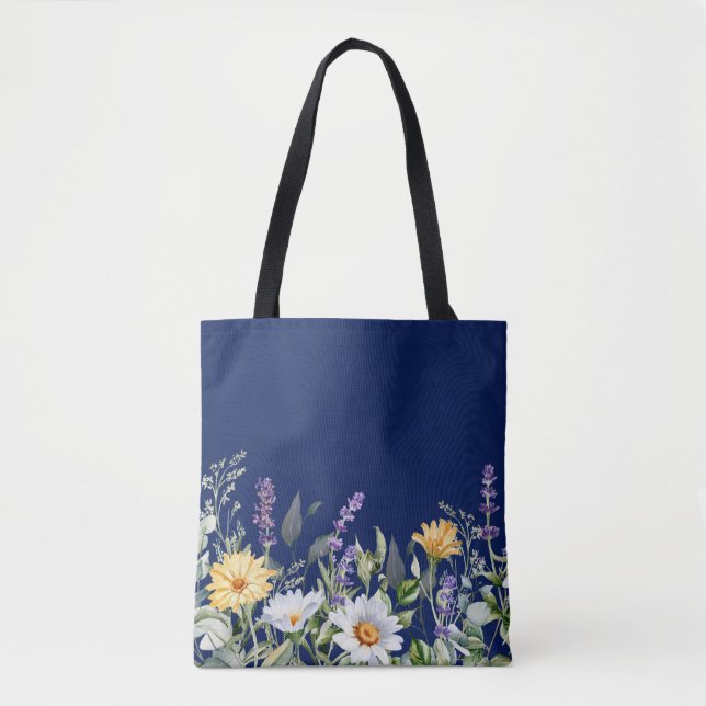 Cute Navy Blue Boho Wildflower Design Tote Bag