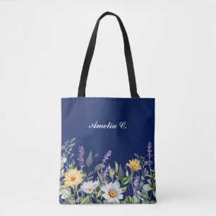 Cute Navy Blue Boho Wildflower Design Tote Bag