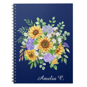Cute Navy Blue Boho Wildflowers Notebook Journal