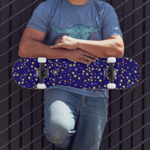   Cute Navy Blue Celestial Pattern Fun Lovely Star Skateboard