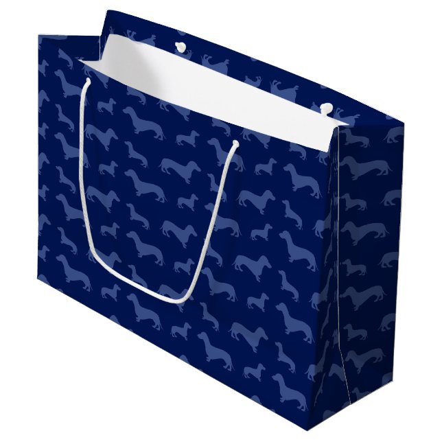 Cute navy blue dachshund pattern large gift bag (Front Angled)