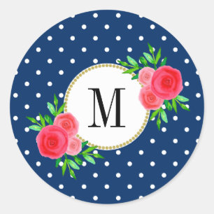 Cute Navy Blue Dots Red Watercolor Floral Monogram Classic Round Sticker
