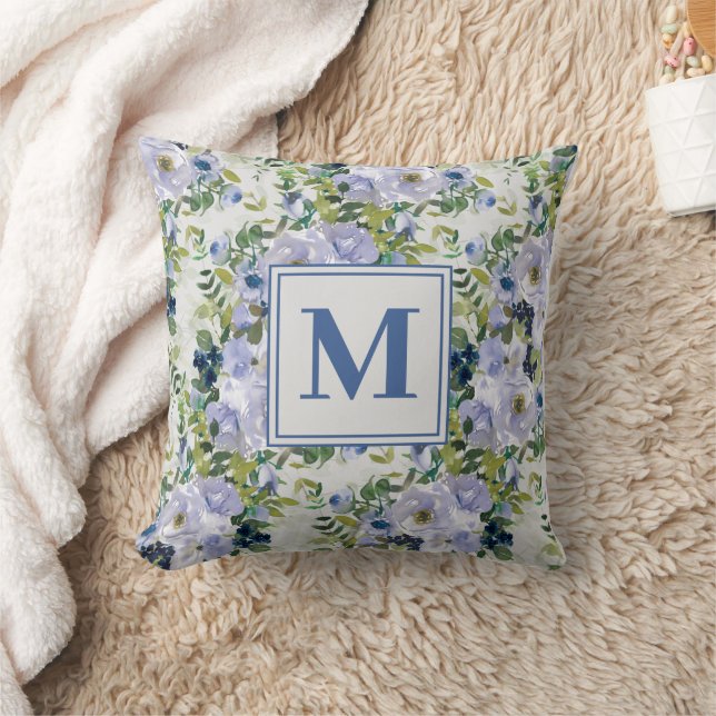Cute Navy Blue Dusty Blue Floral White Monogram Cushion (Blanket)