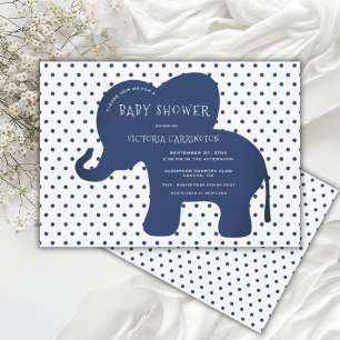 Cute Navy Blue Elephant Polkadot Baby Shower Invitation