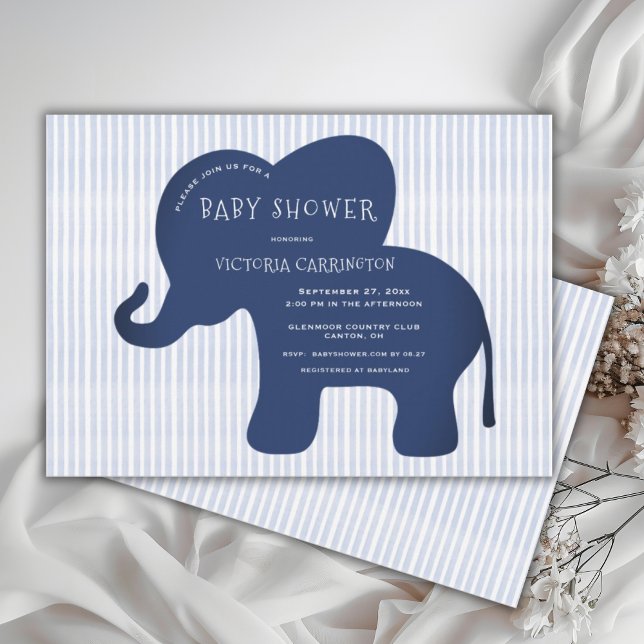 Cute Navy Blue Elephant Stripe Baby Shower  Invitation (Creator Uploaded)