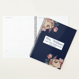 Cute Navy Blue Floral Personalised Teacher Planner